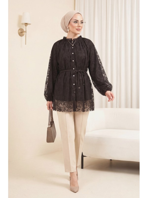 Dik Yaka Beli Bağcıklı Balon Kol Flog Baskılı Astarlı Tül Tunik -Kahve