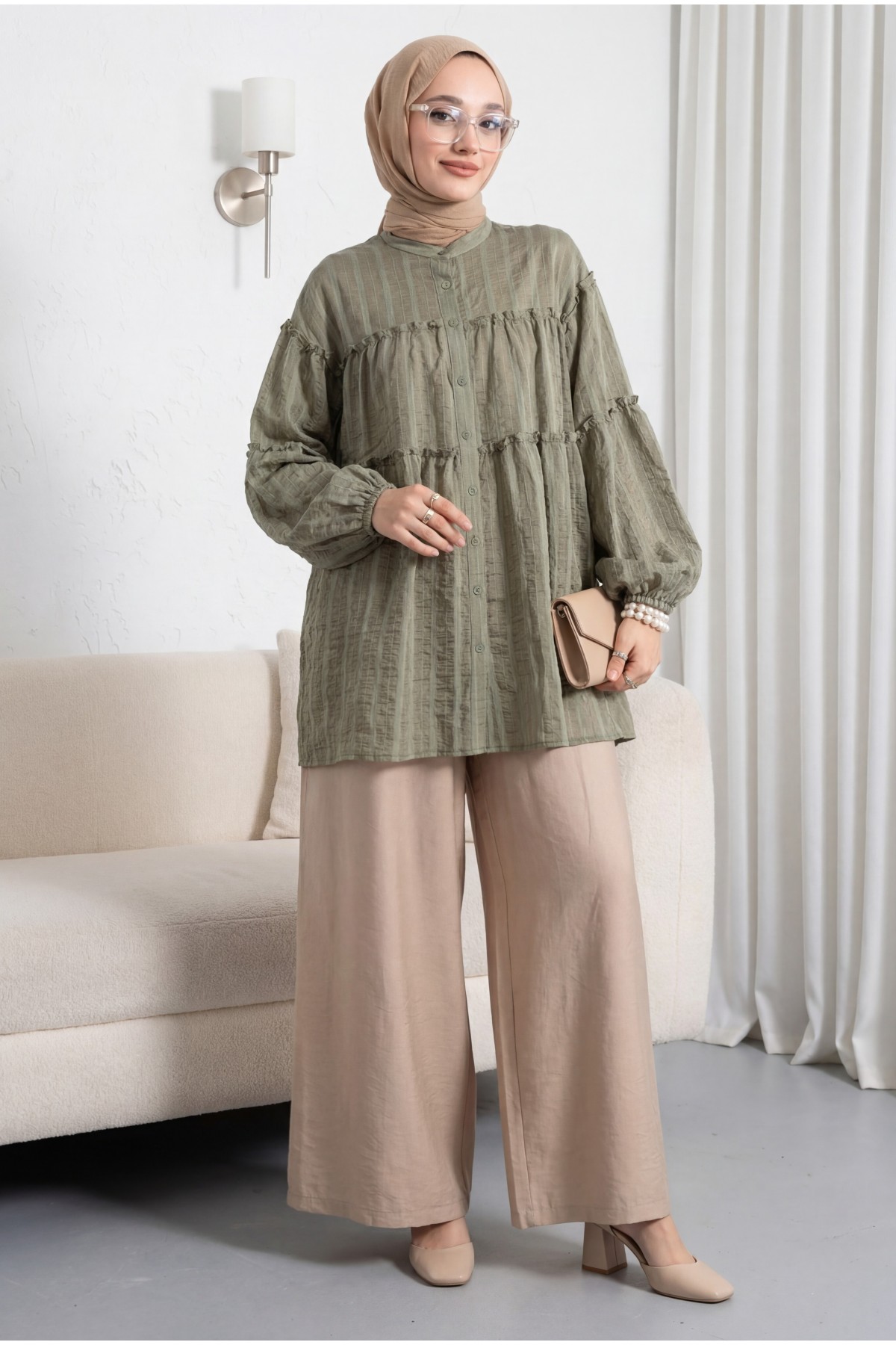 Dik Yaka Sim Çizgili Balon Kol Oversize Gofre Tunik -Haki