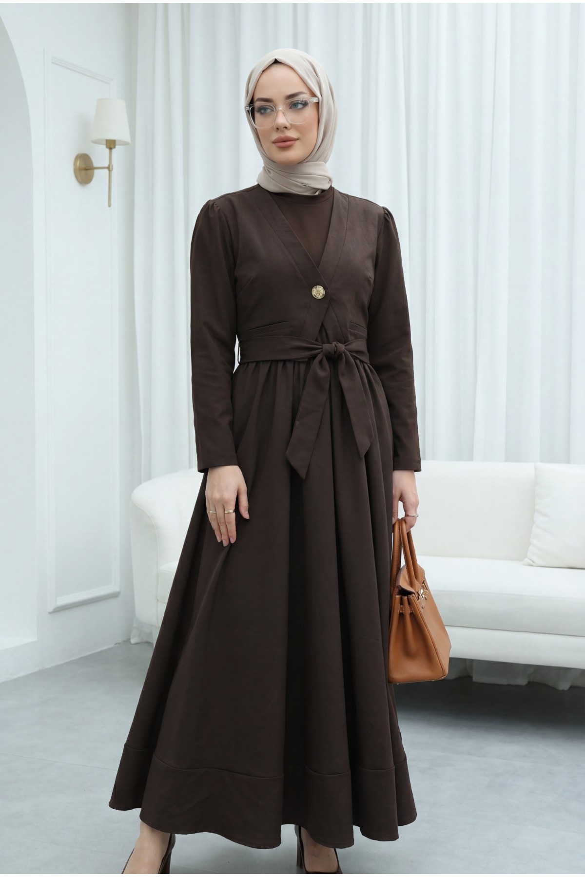 Beli Bağlamalı Lastikli Yelek Detaylı Cupra Elbise -Kahve