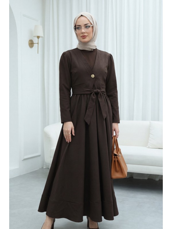 Beli Bağlamalı Lastikli Yelek Detaylı Cupra Elbise -Kahve