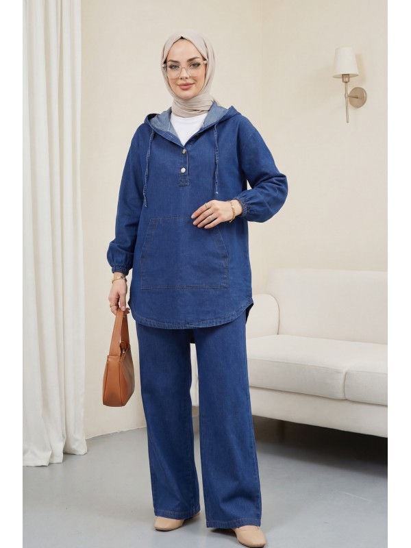 Kapşonlu Yarım Düğmeli Kanguru Cepli Kot Takım -İndigo