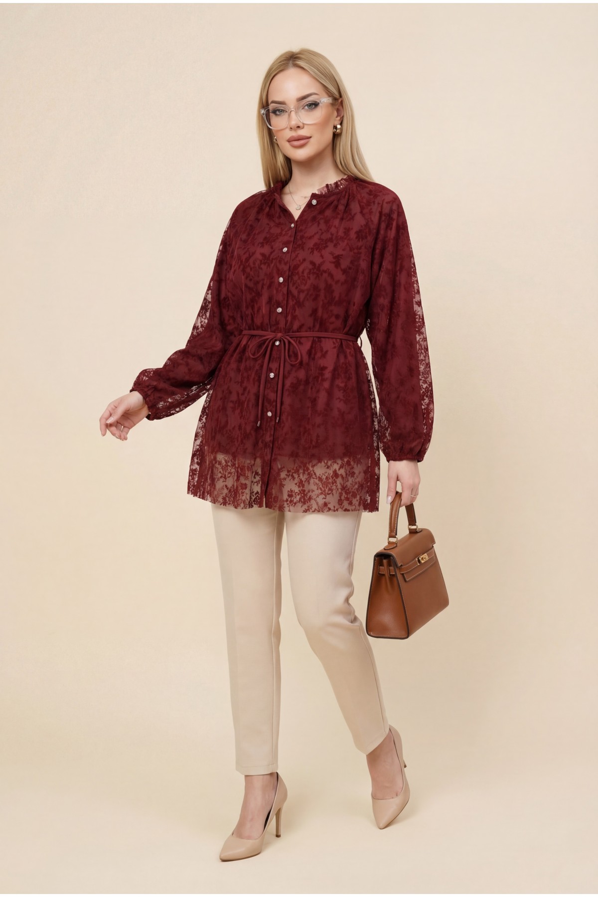 Dik Yaka Beli Bağcıklı Balon Kol Flog Baskılı Astarlı Tül Tunik -Bordo