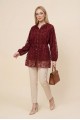 Dik Yaka Beli Bağcıklı Balon Kol Flog Baskılı Astarlı Tül Tunik -Bordo