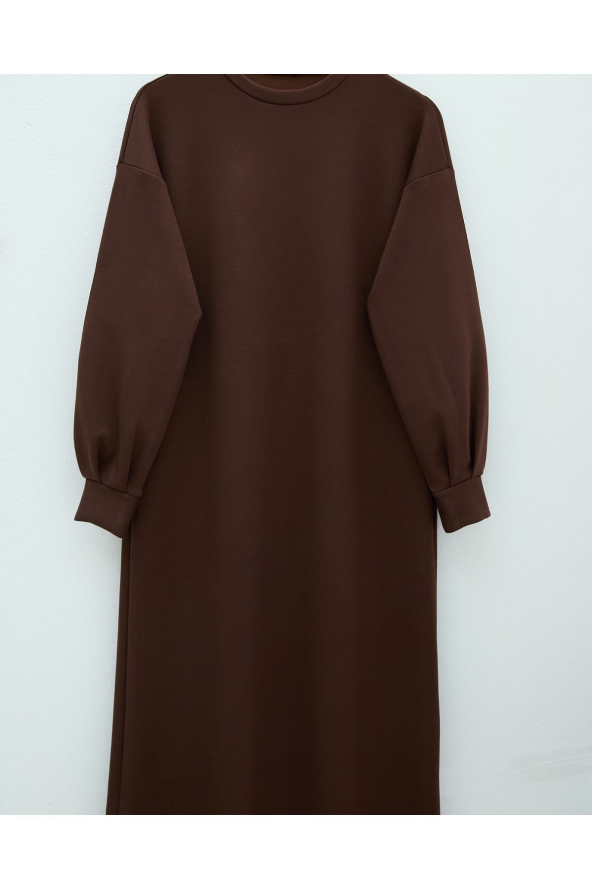 Yuvarlak Yaka Uzun Oysh Elbise -Kahve