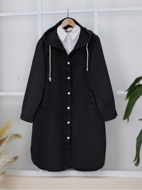 Kapşonlu Düğmeli Oval Kesim Kot Kap  -Siyah