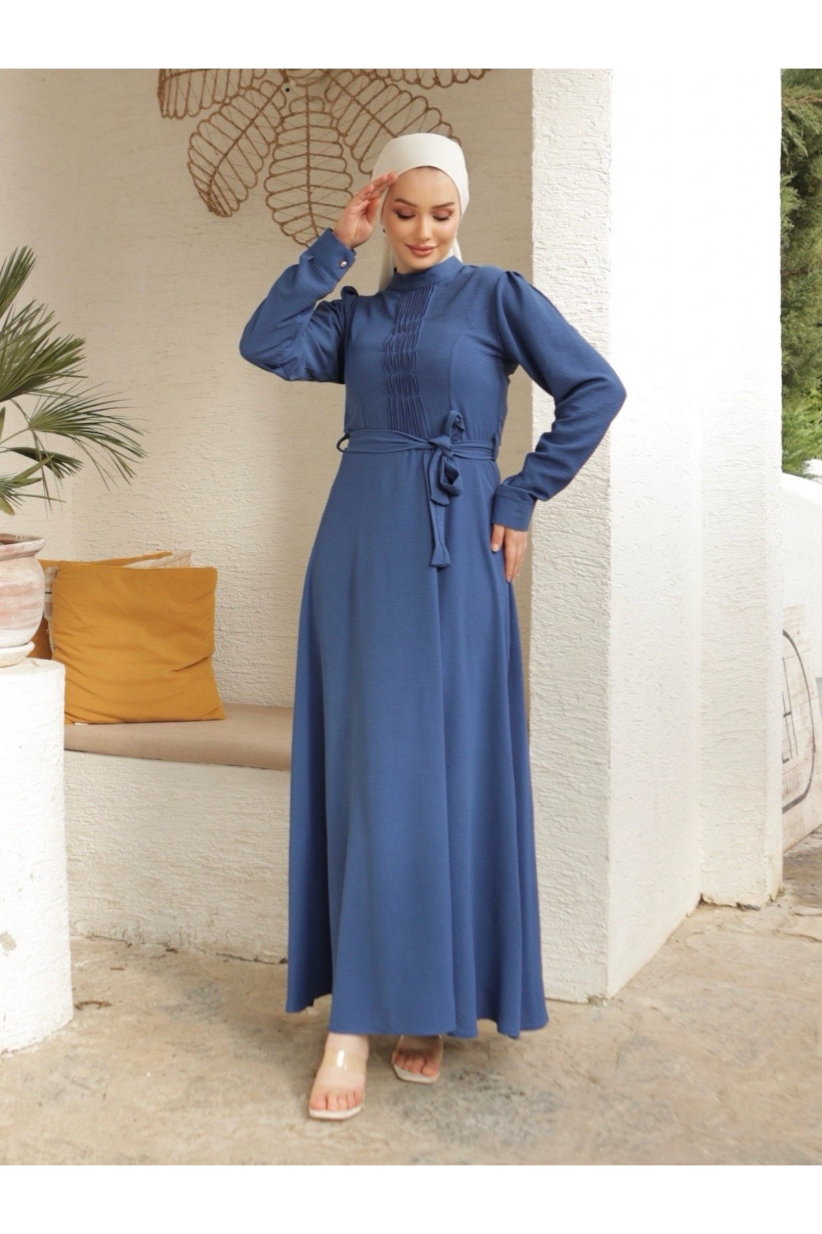 Çıma Detaylı Kemerli Ayrobin Elbise  -İndigo
