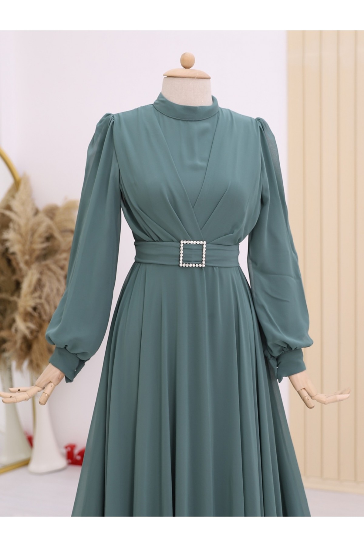 Kemeri Taşlı Önü Pileli Tesettür Elbise -Mint