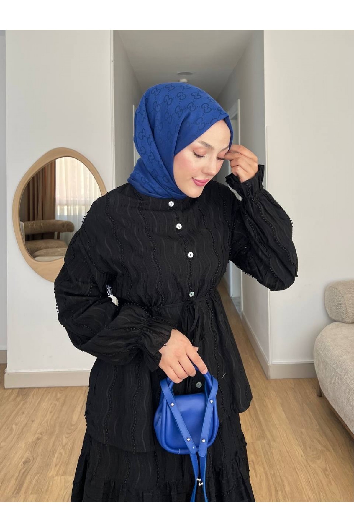 Önü Düğmeli Beli Bağcıklı Kolu Lastikli Etekli Dantelli Takım -Siyah