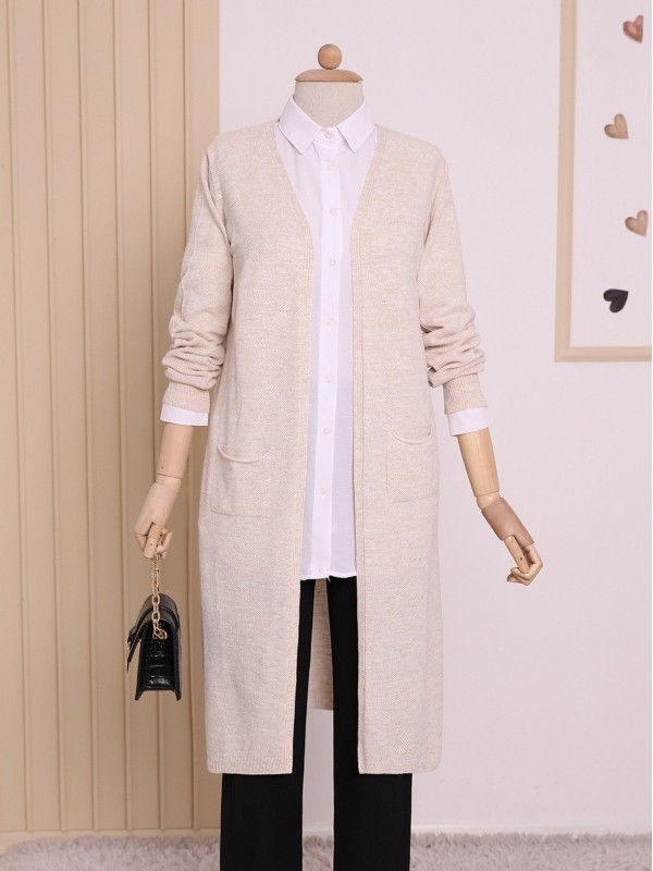 Cepli Tesettür Uzun Hırka -Taş