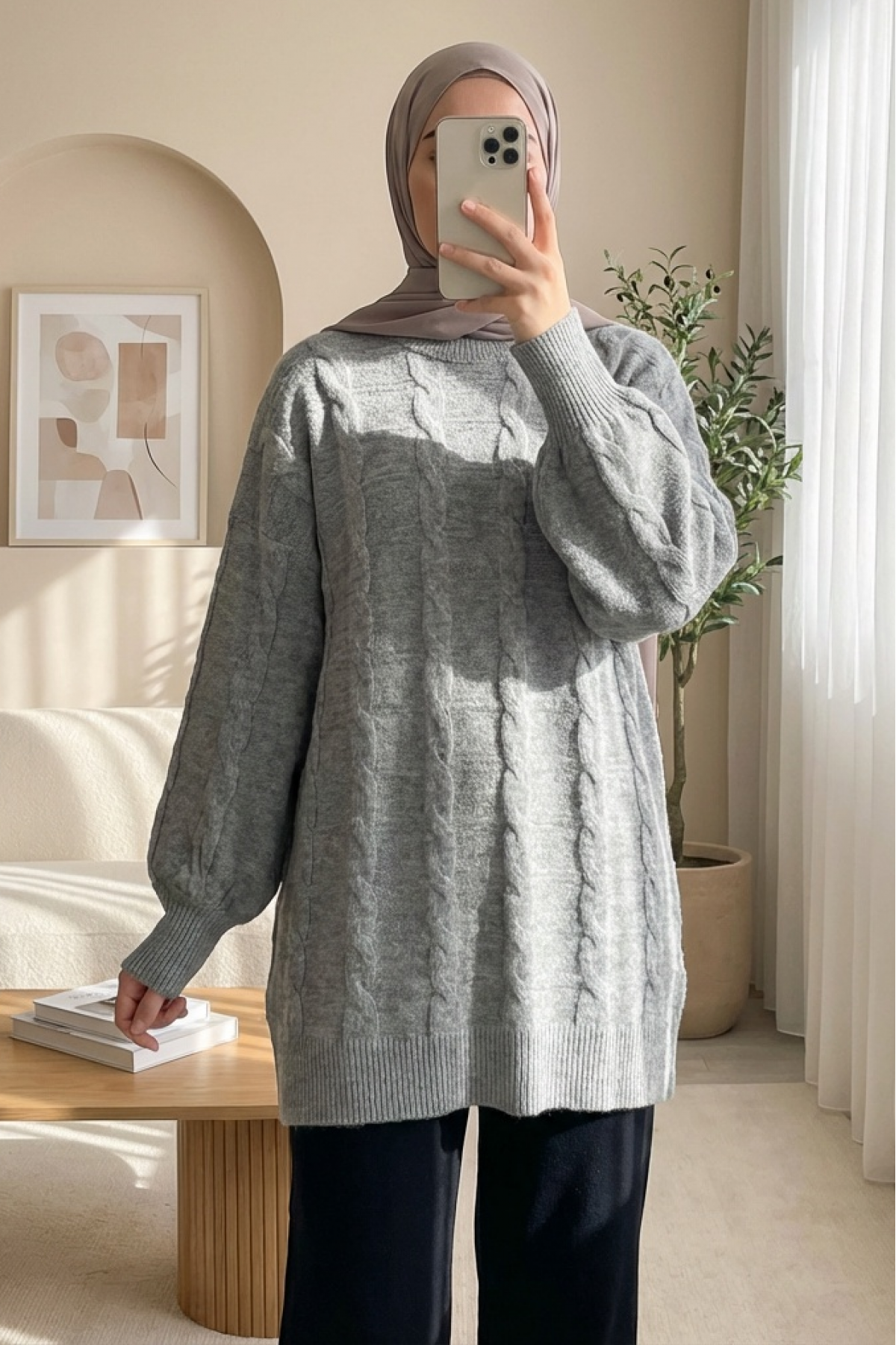 Saç Örgü Desen Yumoş Triko Kazak  -Gri