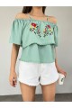 Gül Nakışlı Güpürlü İp Askılı Tişort -Mint