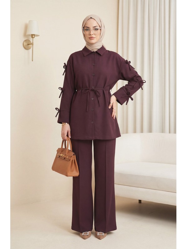 Kolları Fiyonk Detaylı İthal Krep Pantolonlu Takım -Mürdüm