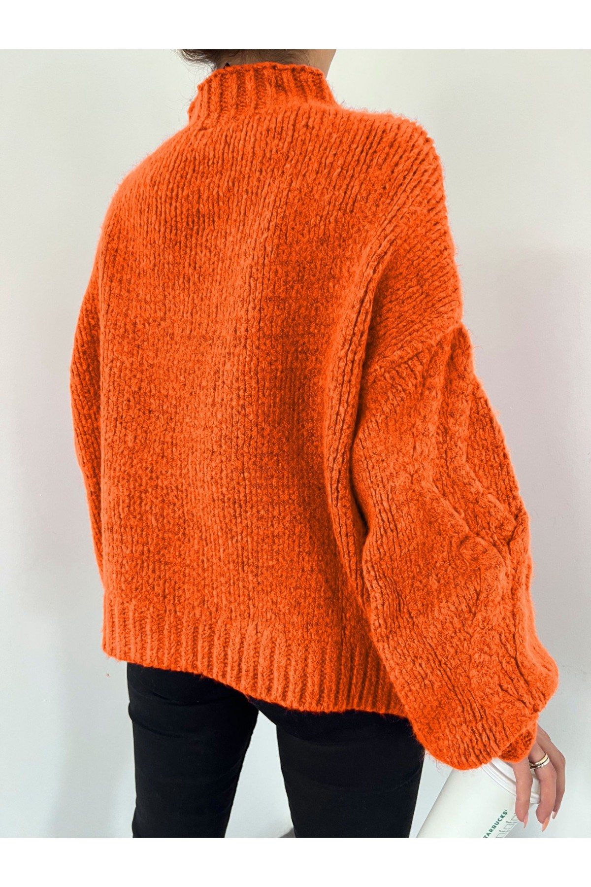 Yarım Boğazlı Balon Kol Kışlık Kazak -Turuncu