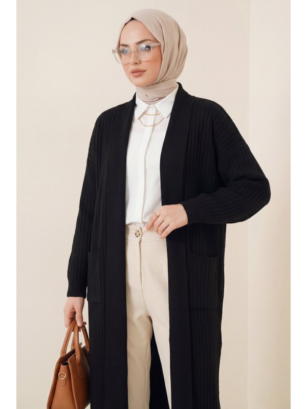 Kolu Düğme Detaylı Fitilli Uzun Triko Hırka -Siyah