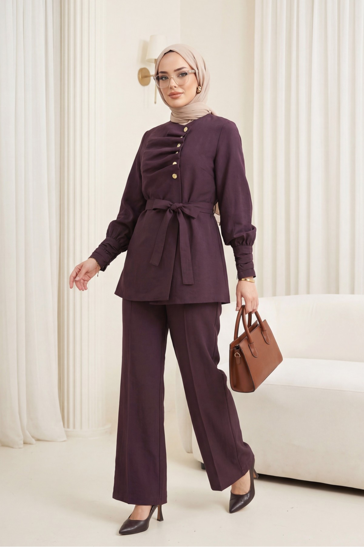 Kolu Ve Önü Katlama Detaylı Beli Kemerli Yarım Düğmeli Cupra Takım  -Mürdüm