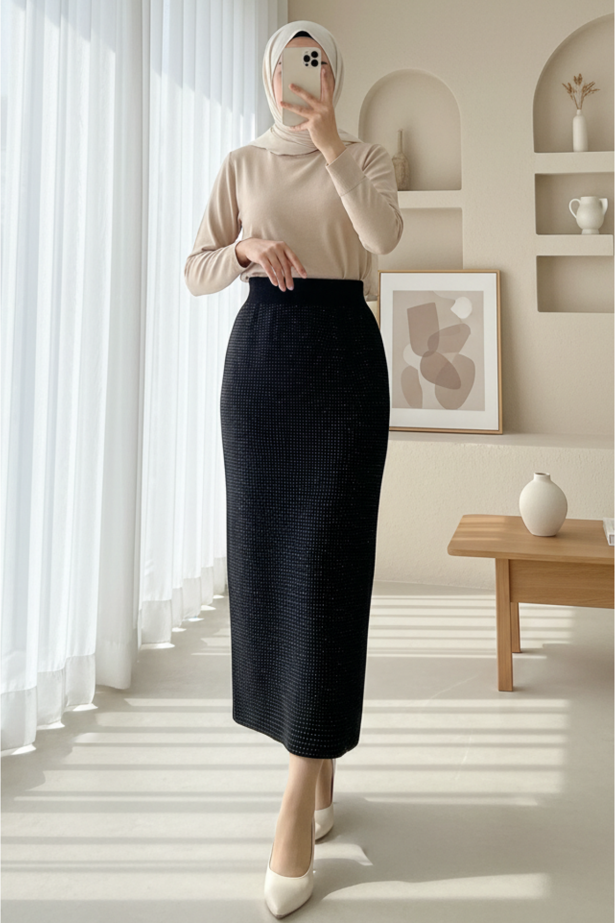 Taşlı Beli Lastikli Kalem Etek -Siyah