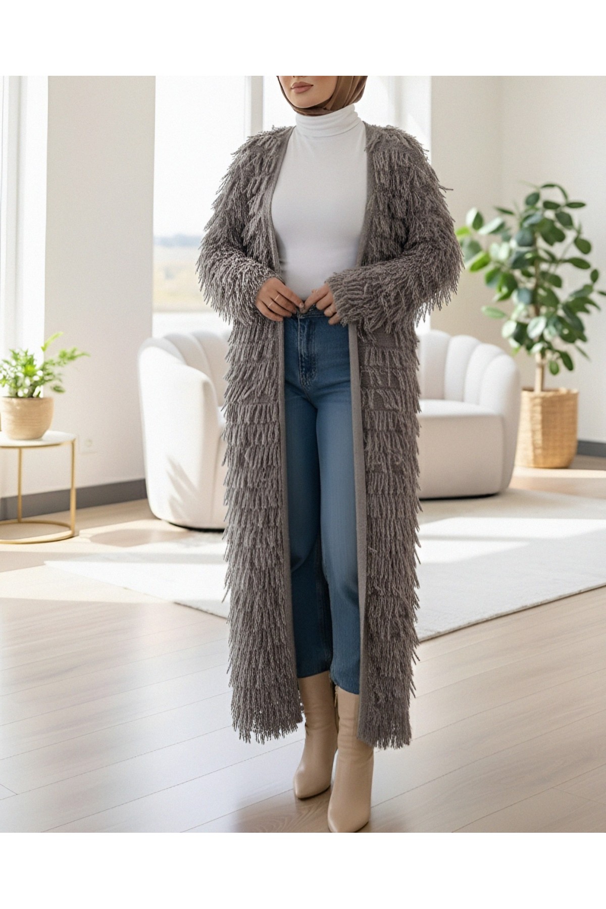 Saçaklı Uzun Triko Hırka -Toprak