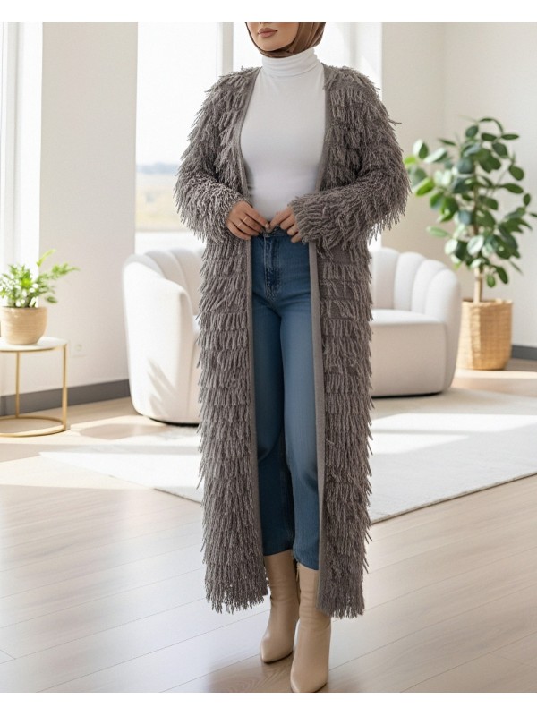 Saçaklı Uzun Triko Hırka -Toprak