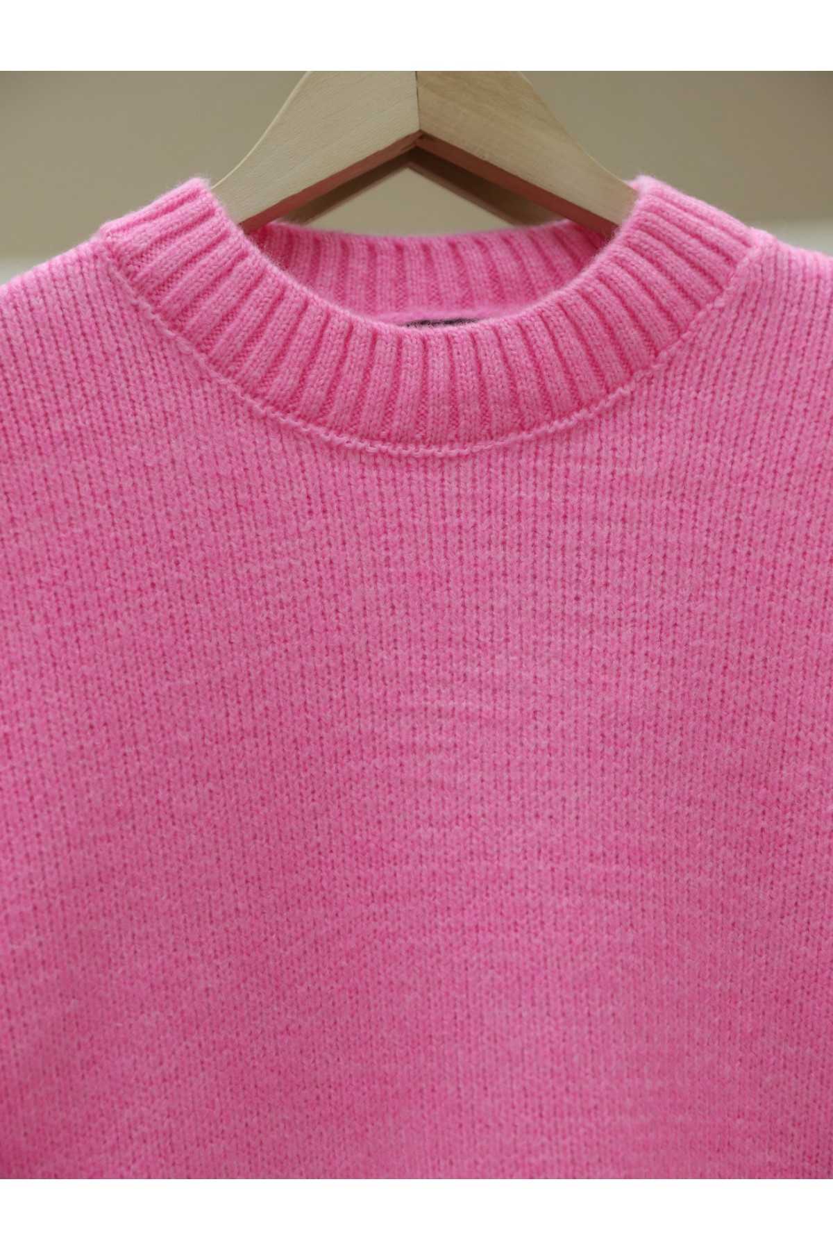 Bisiklet Yaka Eteği Fitilli Salaş Triko Kazak  -Pembe