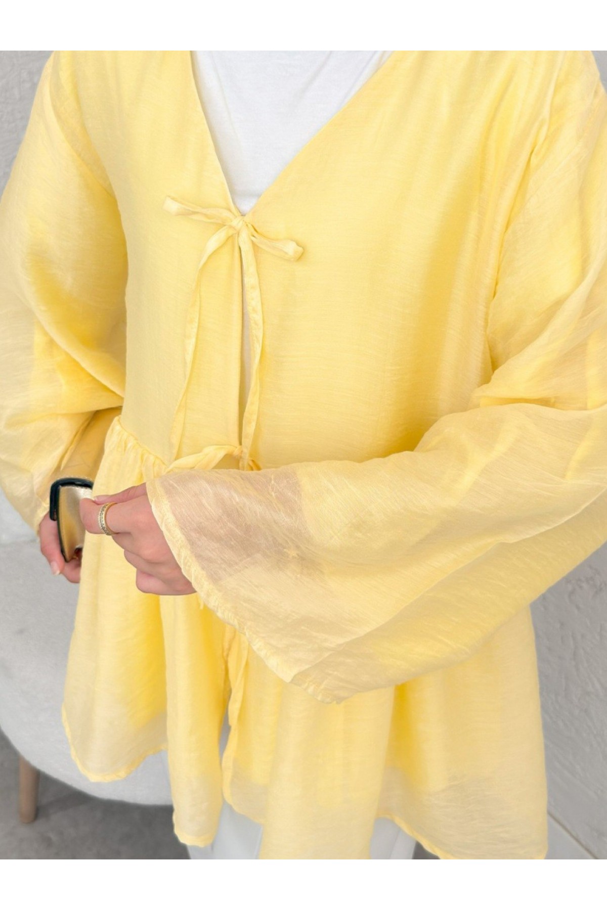 Çift Bağlamalı İçi Astarlı Modal Kimono -Sarı