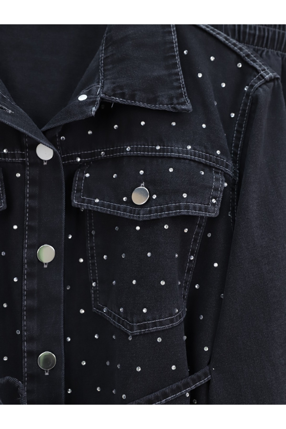 Serpme Taşlı Düğmeli Ceket Pantolon Kot Takım  -Siyah