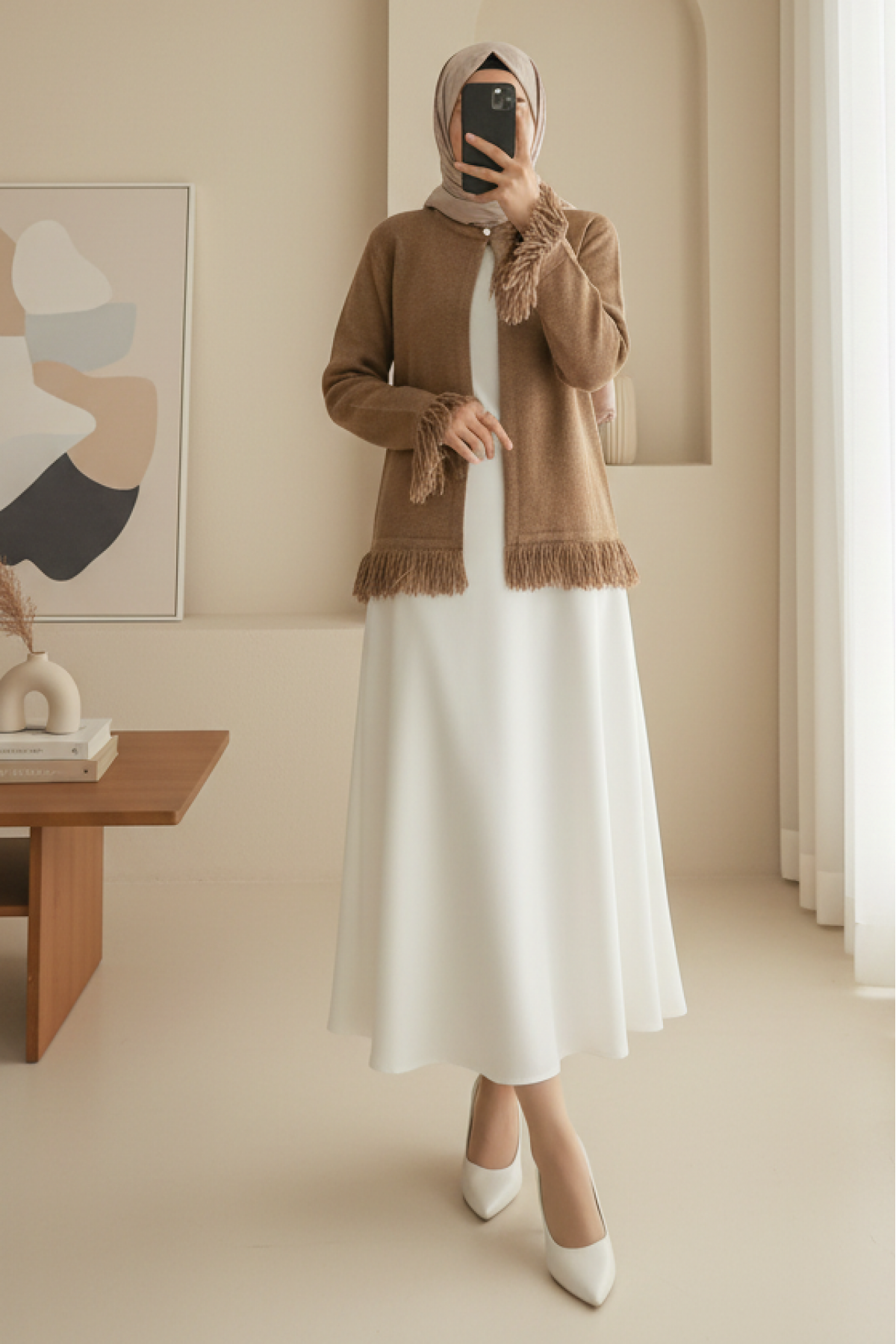 Tek Düğmeli Saçaklı Yumoş Triko Hırka  -Vizon