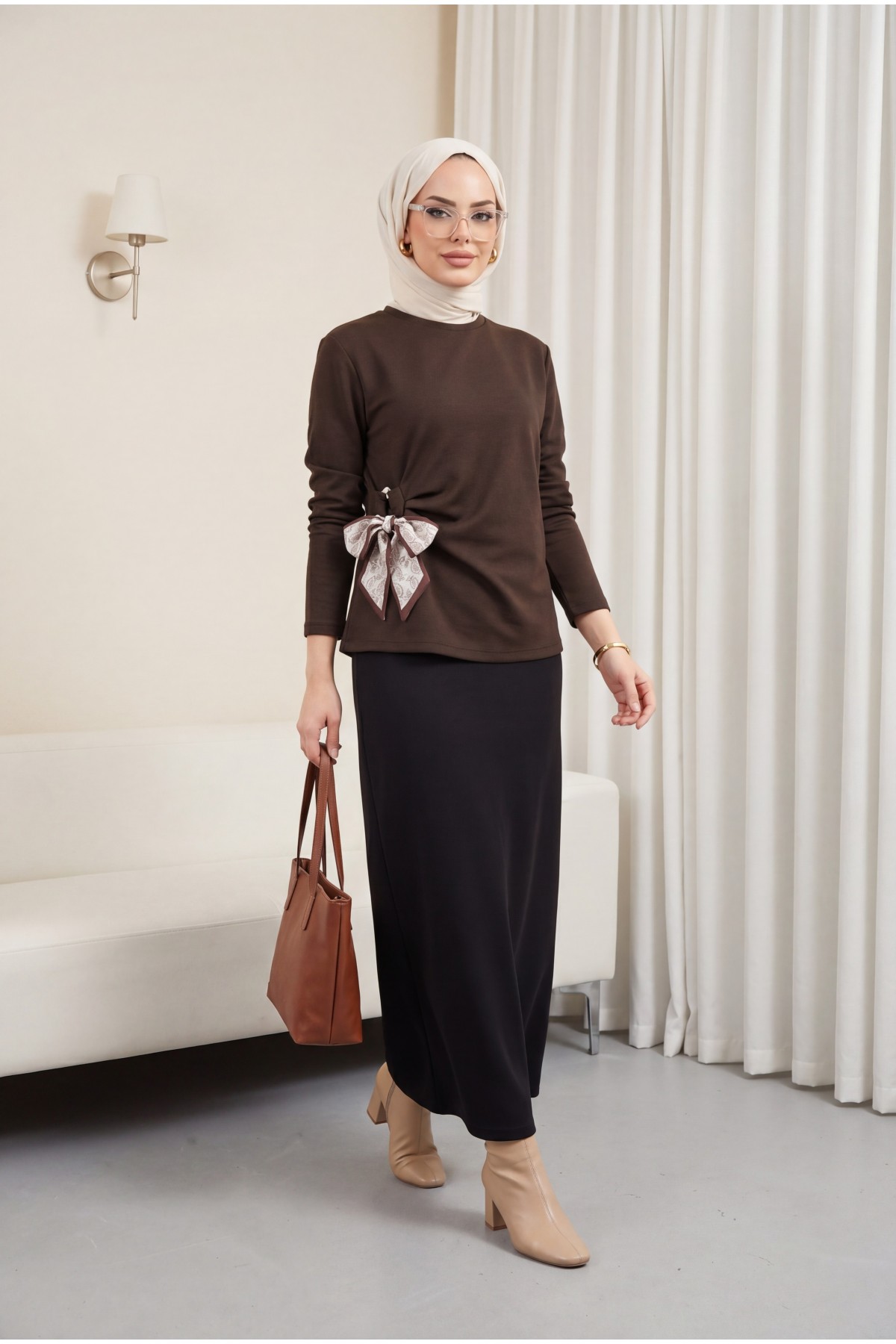 Yandan Fularlı Bağlama Detaylı Oyşo Bluz -K. Kahve