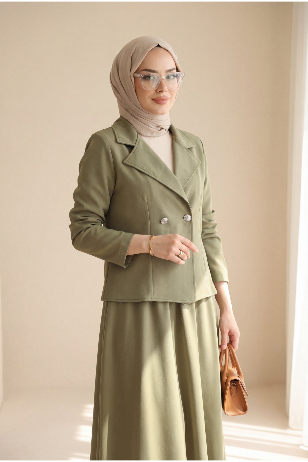 Önü Çift Düğmeli Kruvaze Yaka Ceket Etek Double Krep Takım   -Çağla Y.