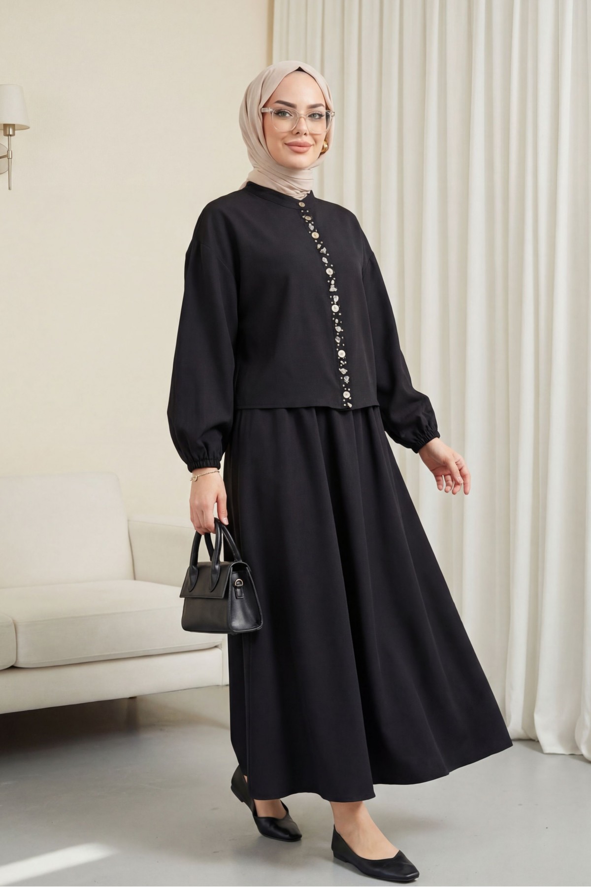 Kolu Lastikli Önü İncili Düğmeli Etekli Modal Takım -Siyah