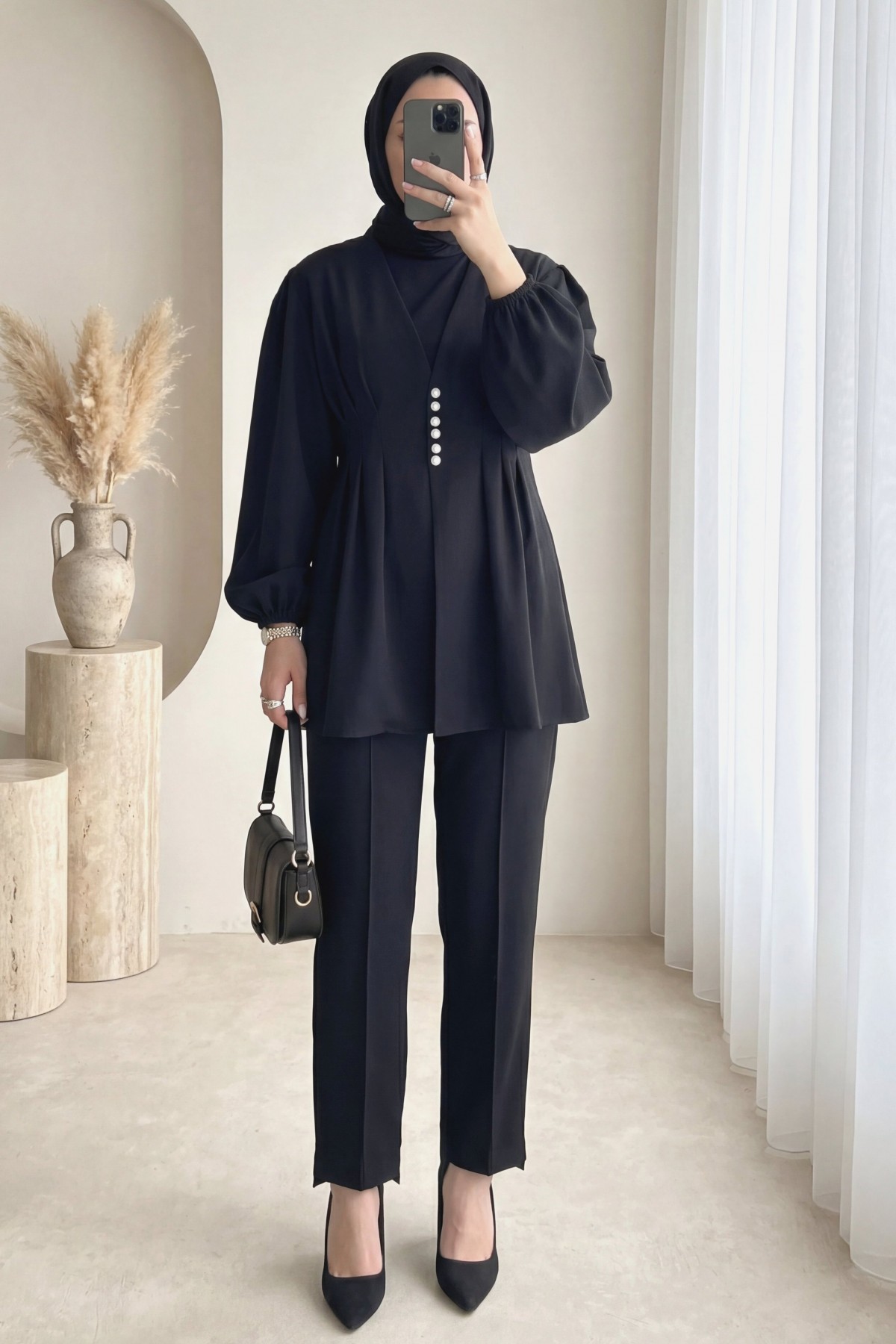 Taşlı Düğmeli Kolu Lastikli Double Pantolonlu Takım  -Siyah