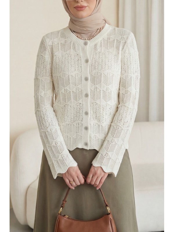Düğmeli Ajurlu Pamuk Triko Hırka -Ekru