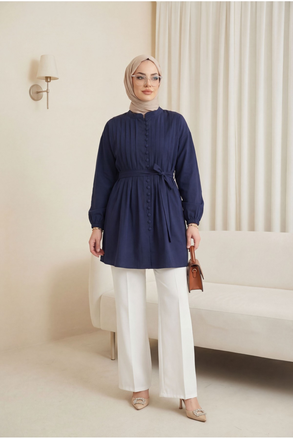 Kemerli Kolu Lastikli Önü Düğmeli Katlama Detaylı Poplin Gömlek -Laci