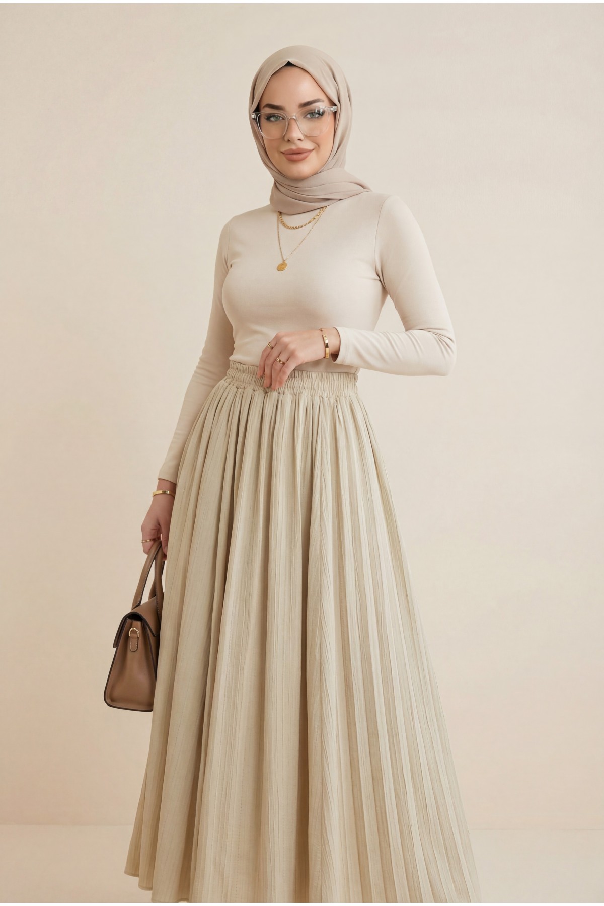 Beli Lastikli Astarlı Uzun Gofre Etek -Açık Vizon