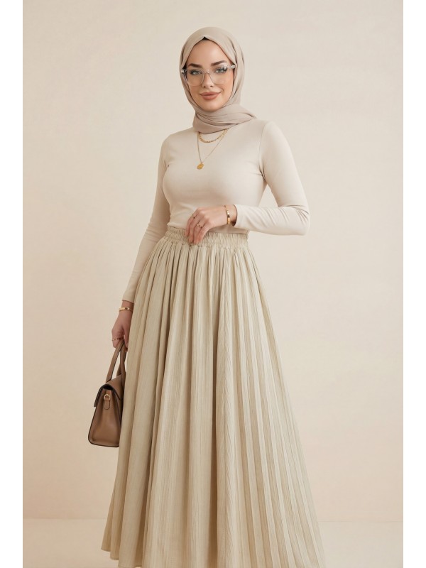 Beli Lastikli Astarlı Uzun Gofre Etek -Açık Vizon