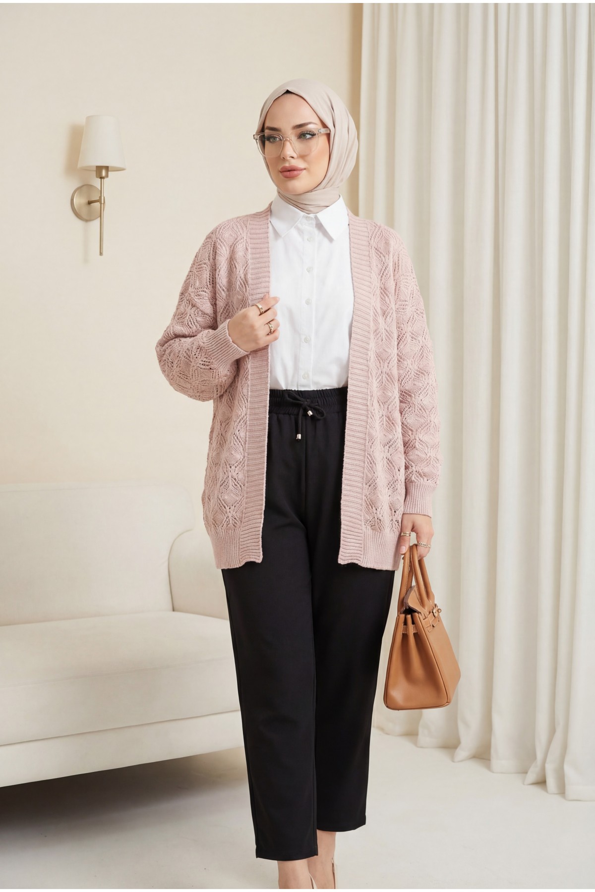 Desenli Araboy Örme Triko Hırka  -Pudra