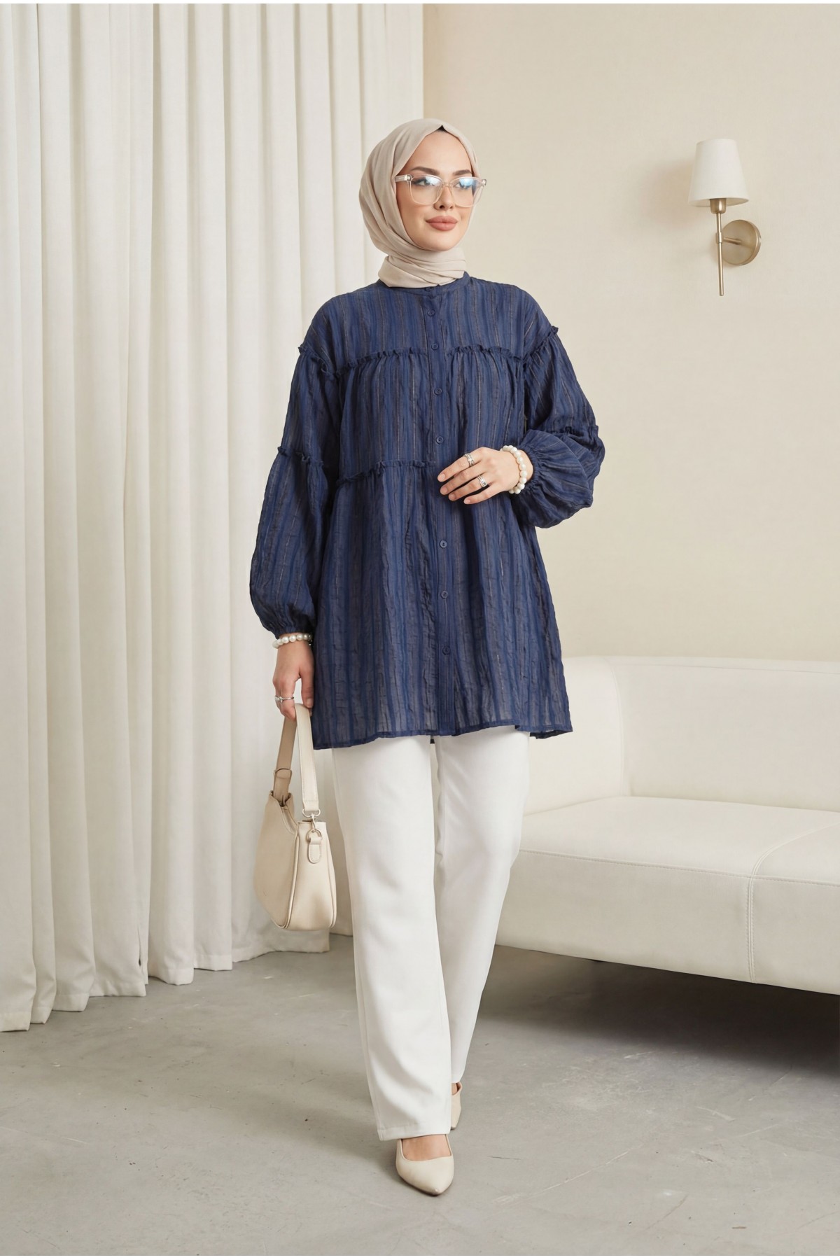 Dik Yaka Sim Çizgili Balon Kol Oversize Gofre Tunik -Laci