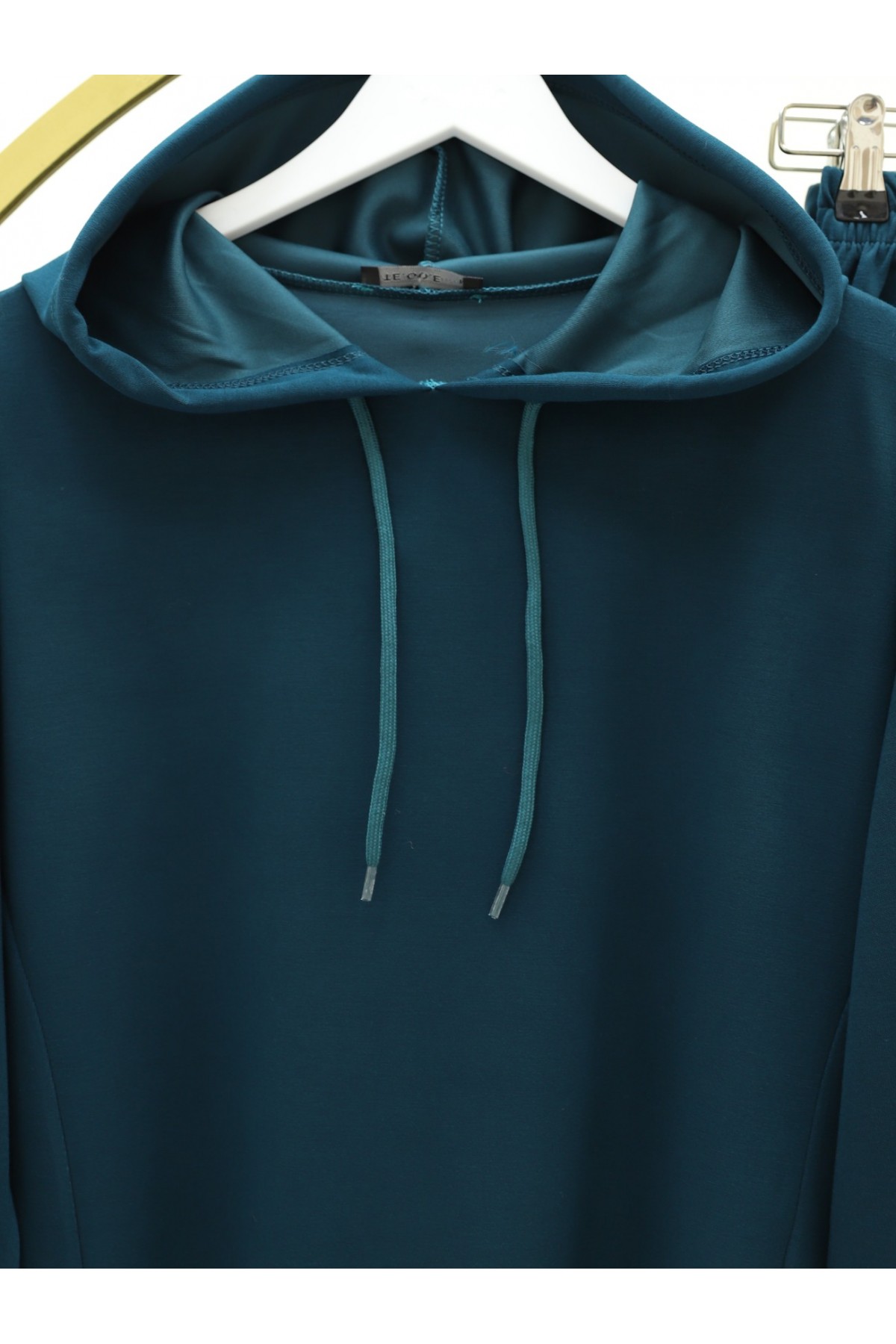 Etek Ucu Lastik Detaylı Osyho Kumaş Kapşonlu Takım -Petrol