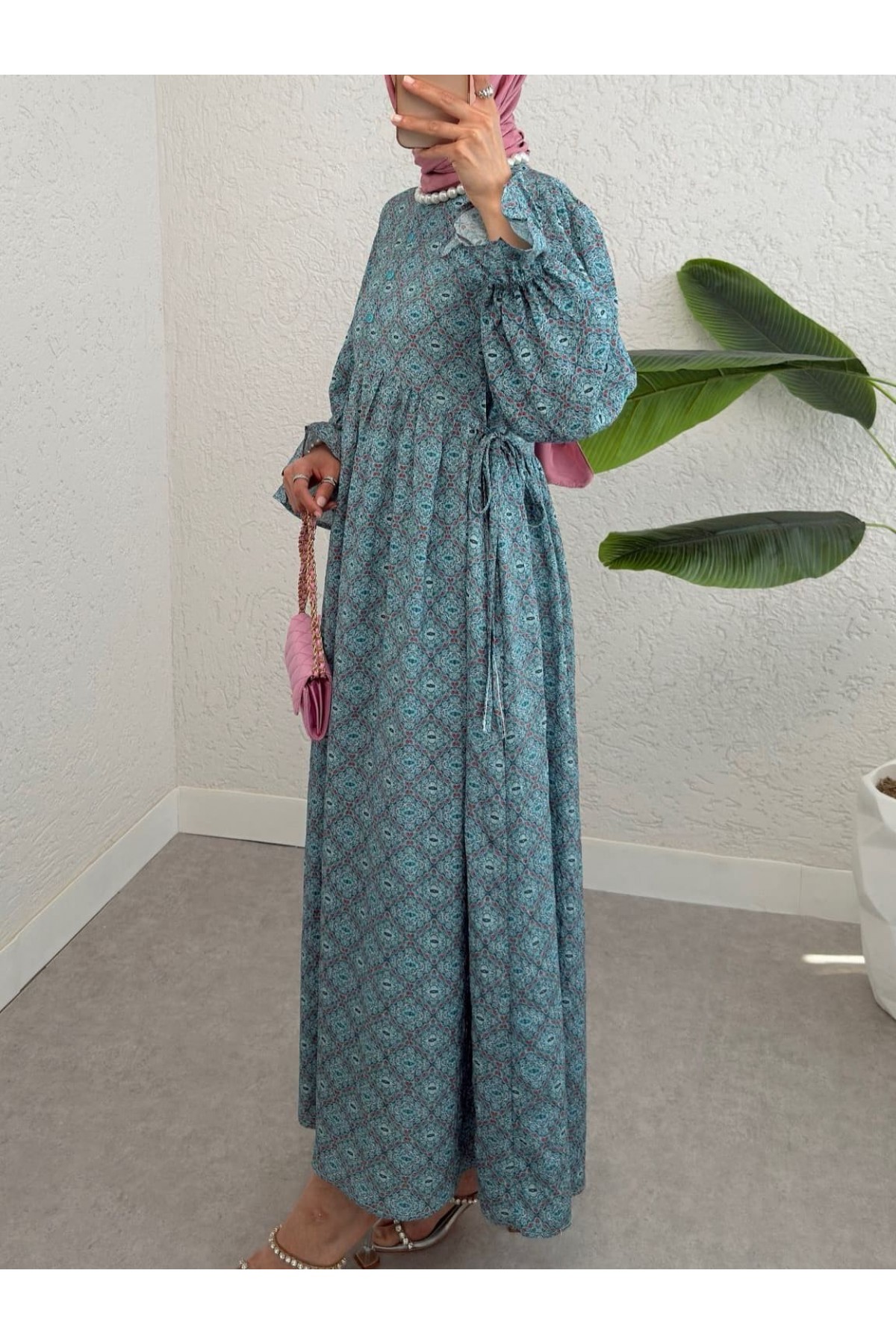 Yarım Düğmeli Beli Bağcıklı Desenli Elbise  -Mint