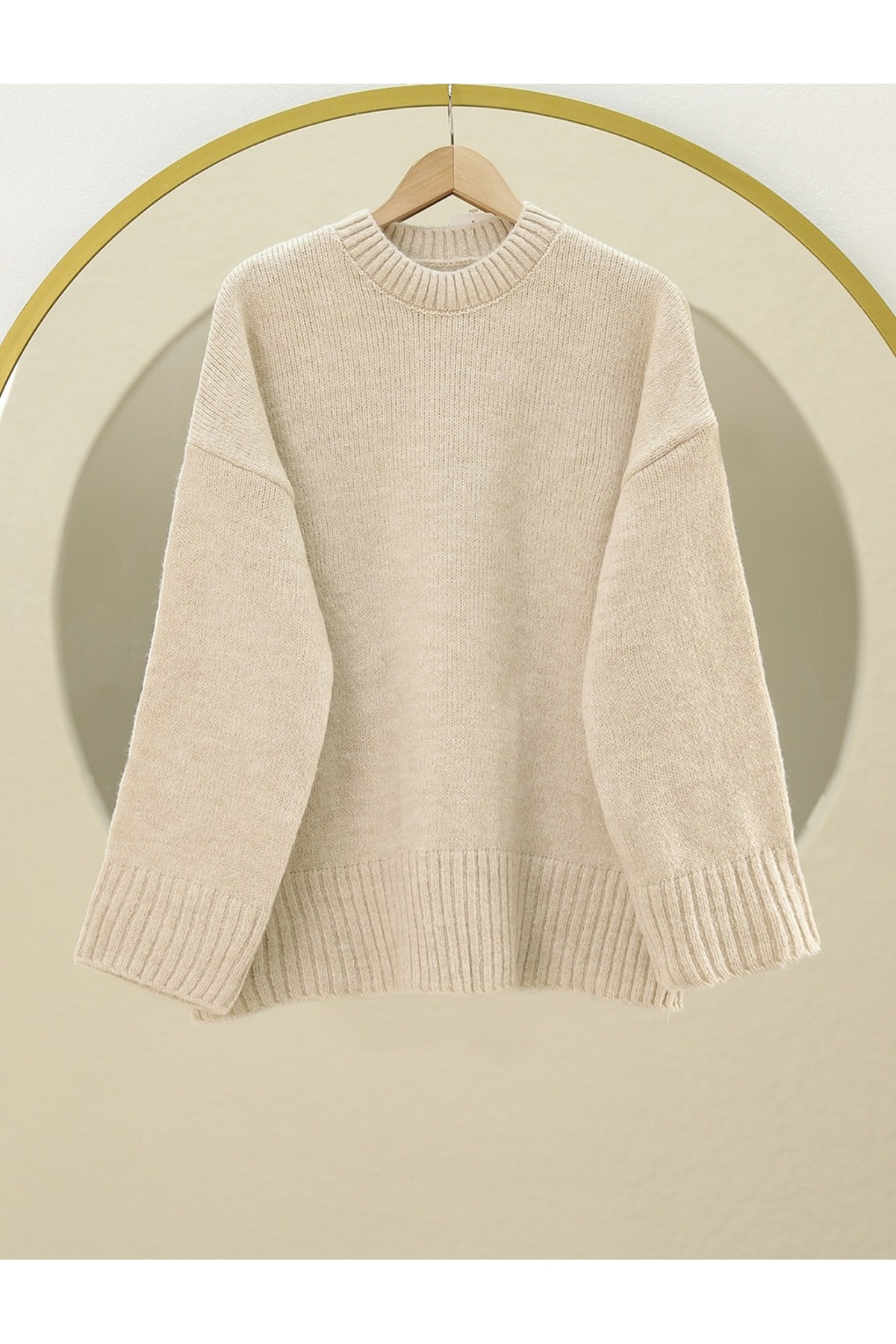 Bisiklet Yaka Eteği Fitilli Salaş Triko Kazak -Taş