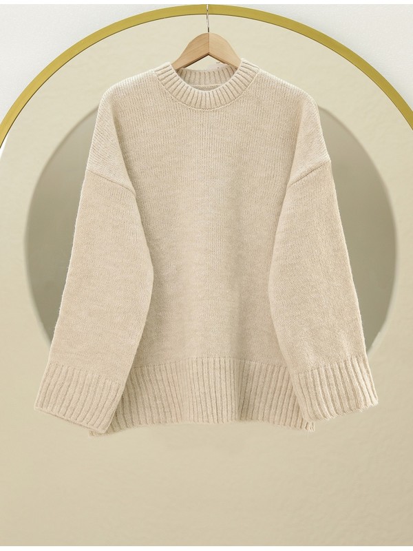 Bisiklet Yaka Eteği Fitilli Salaş Triko Kazak -Taş