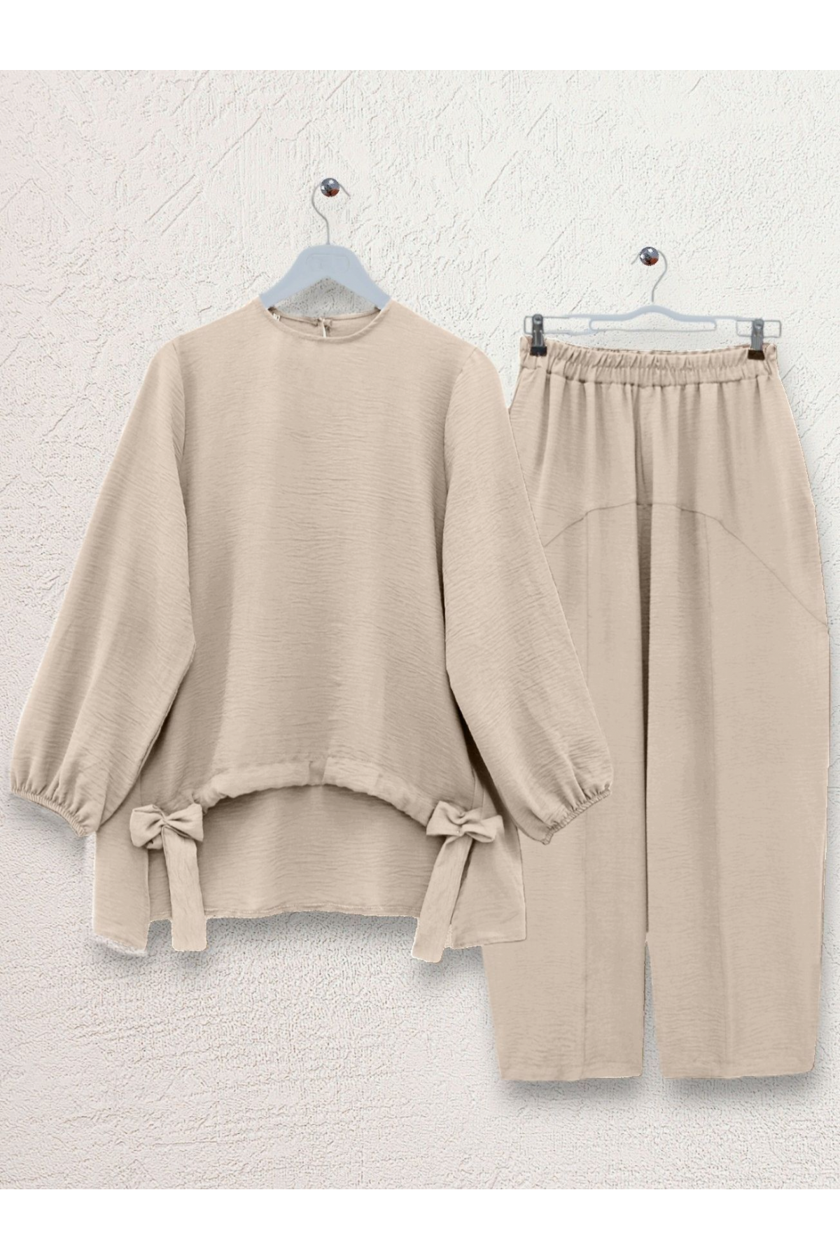 Önden Büzmeli Şalvar Pantolon Ayrobin Salaş Takım   -Bej