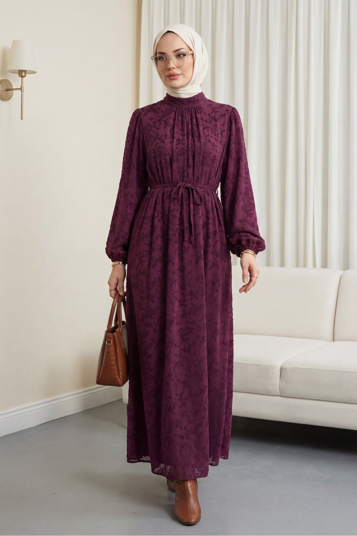 Dik Yaka Beli Bağcıklı Kolu Lastikli Astarlı Flog Baskılı Elbise -Mürdüm