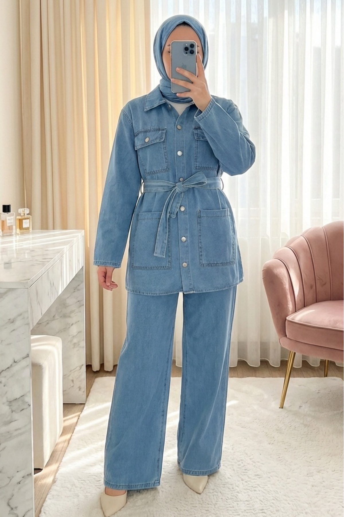 Beli Kemerli Cepli Önü Düğmeli Kot Takım  -Buz Mavi