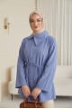 Yandan Yakalı Boydan Düğmeli Çizgili Bağcıklı Krinkıl Gömlek -İndigo