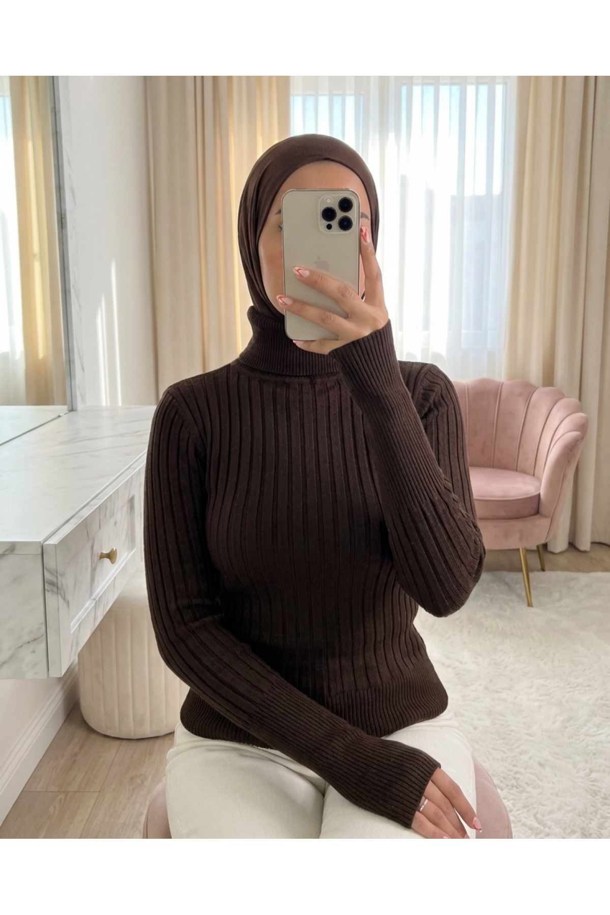 Balıkçı Yaka Fitilli Triko Kazak       -K. Kahve