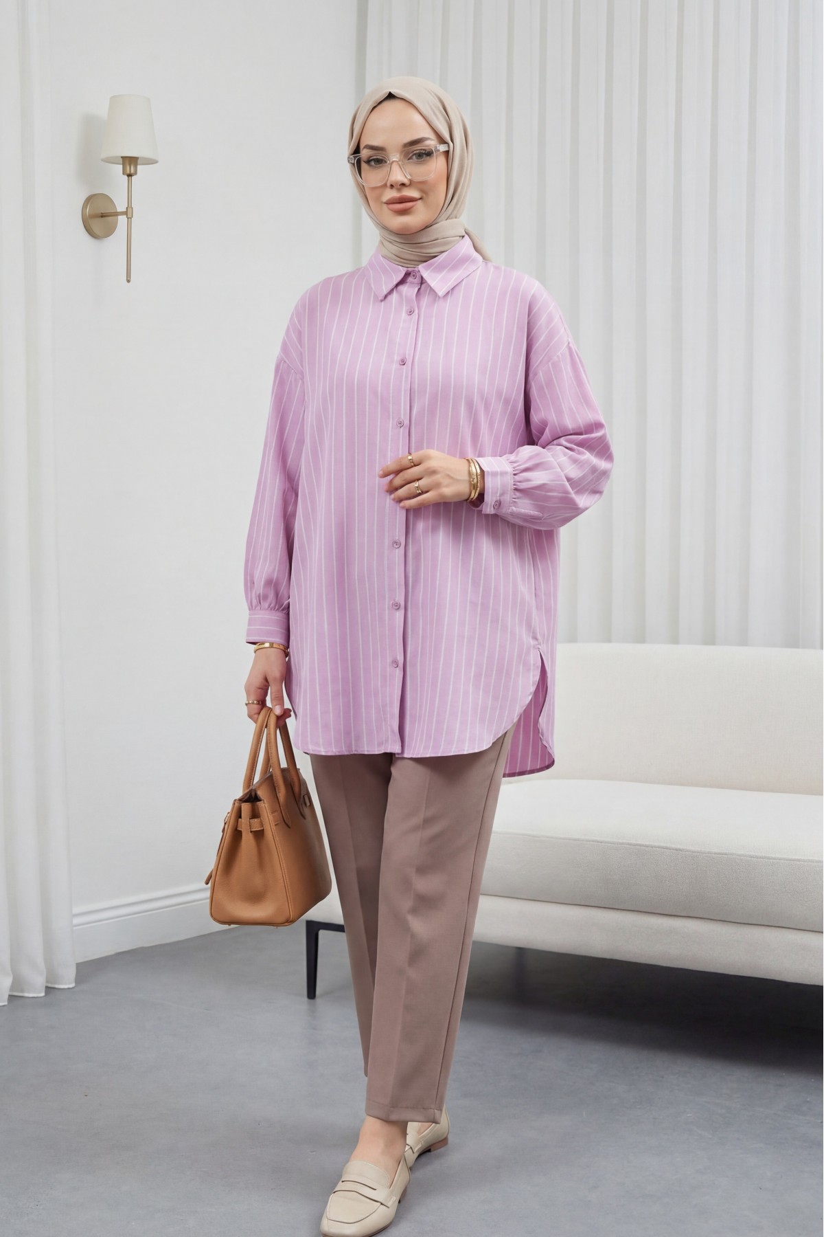 Çizgili Yırtmaçlı Salaş Linda Gömlek -Açık Lila