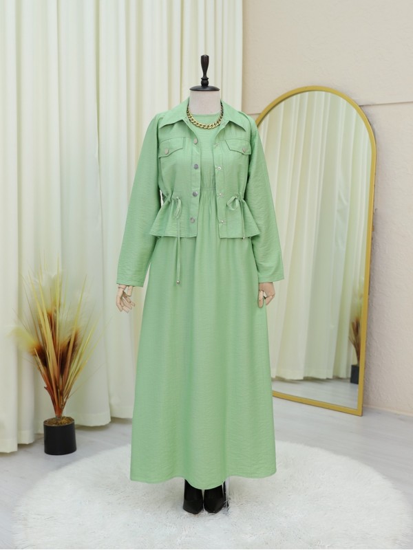 Metal Düğmeli Beli Bağlamalı Gömlek Jile Elbise -A.Yeşil