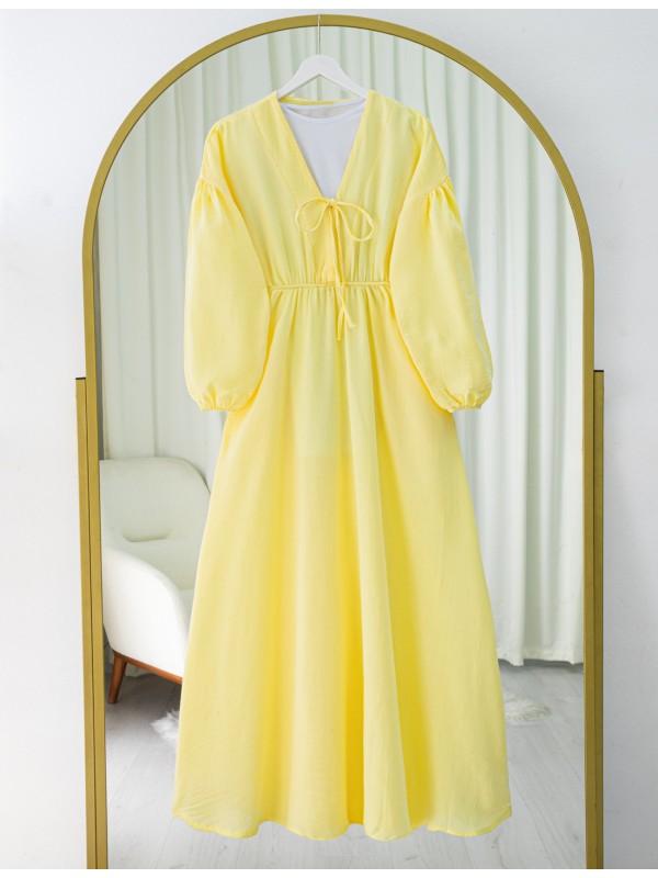 Yakası Bağlamalı Kolu Ve Beli Lastikli Müslin Elbise -Sarı