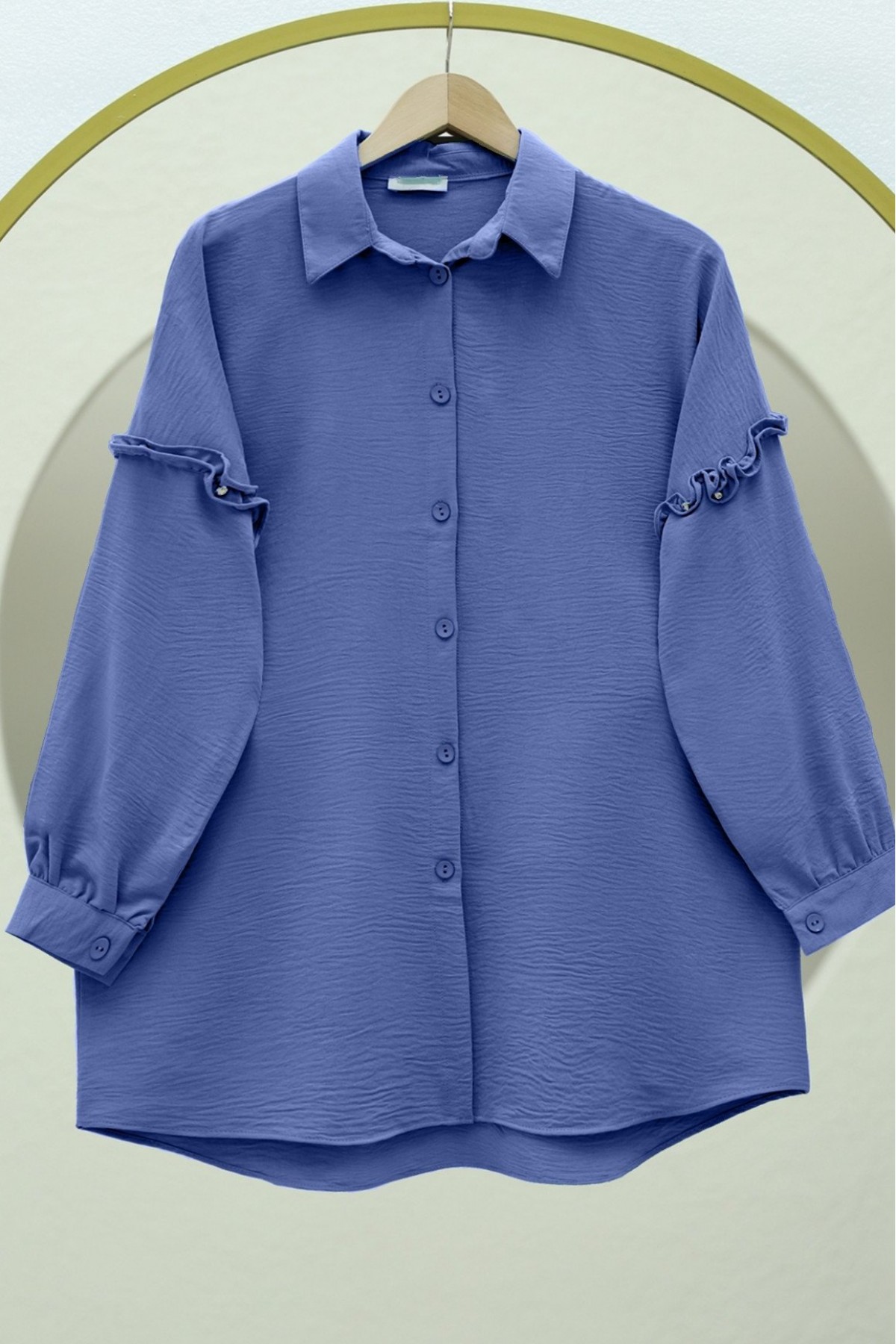 Kolları Taşlı Fırfırlı Salaş Ayrobin Tunik  -İndigo