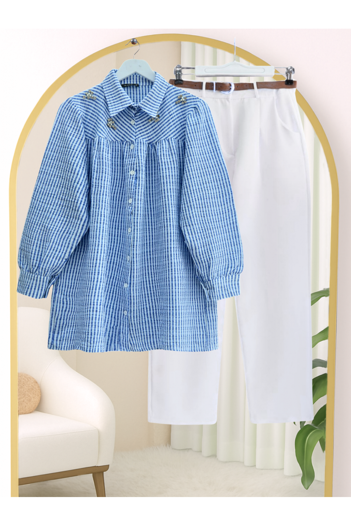 Üstü Taş Ve Boncuk Detaylı Çizgili Gömlek -Mavi